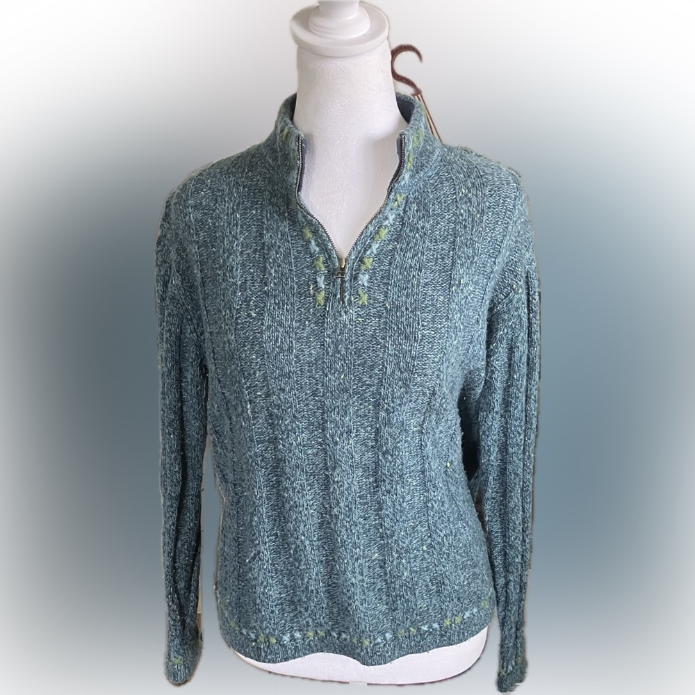 Woolrich Embroidered Peacock Heather 1/4 Zip Pullover Wool Sweater Small 044